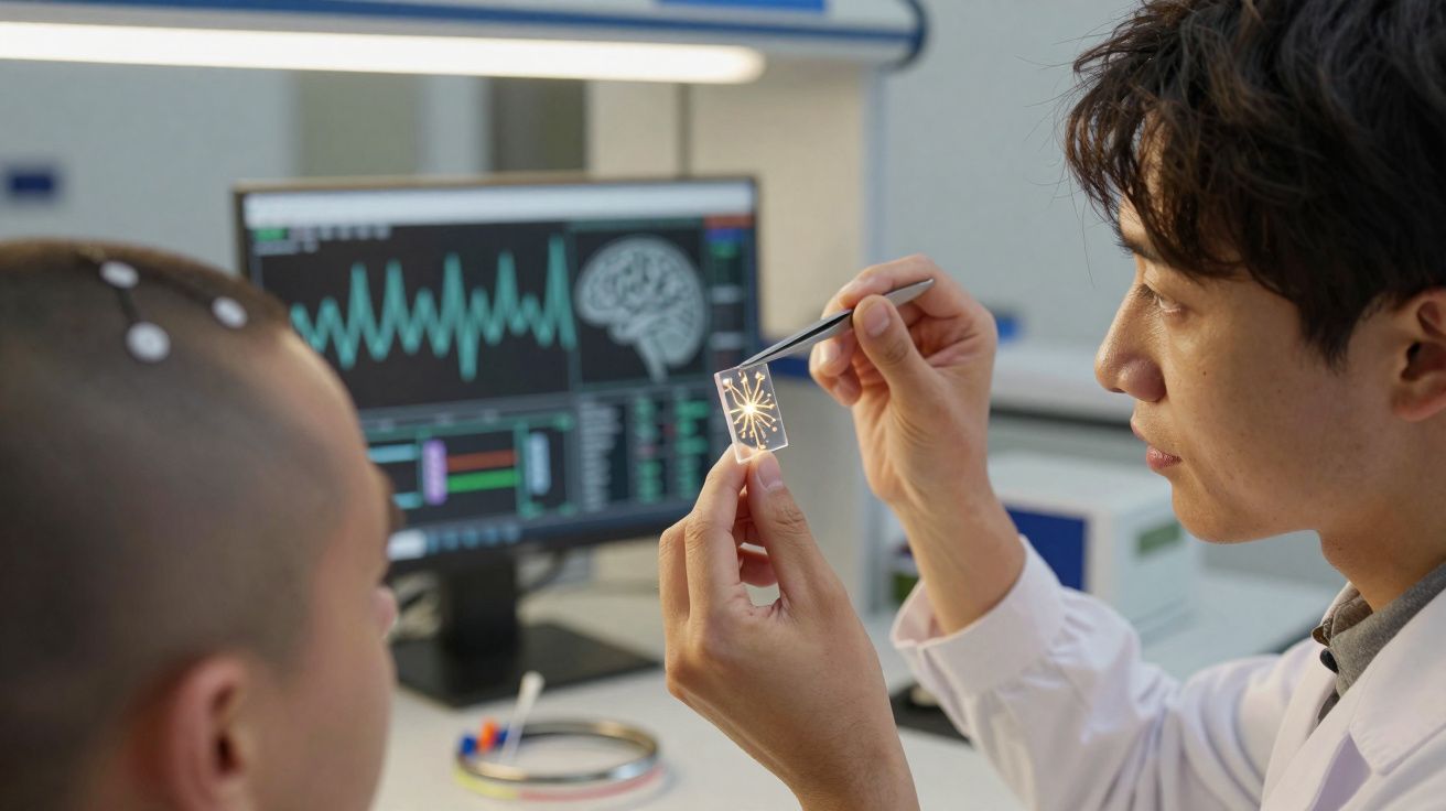 Chercheur en blouse blanche examinant une puce neuronale devant un patient avec électrodes sur la tête.