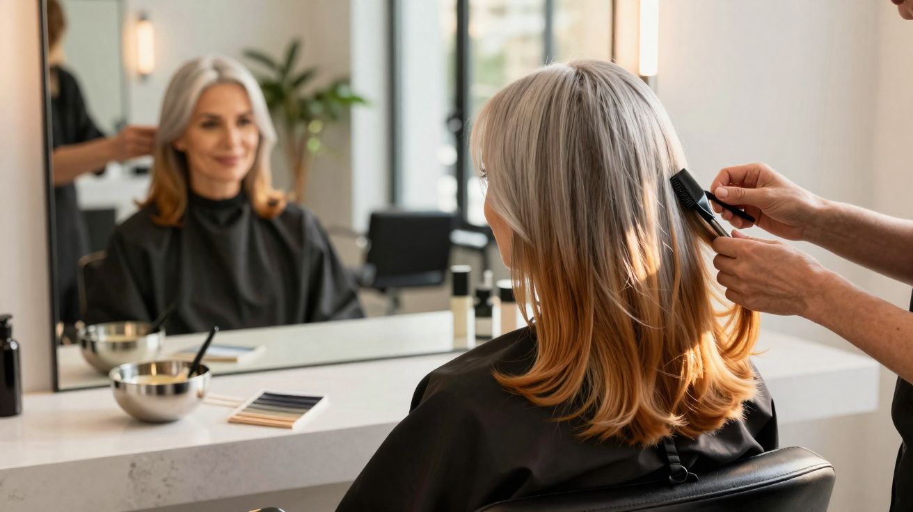 Femme aux cheveux mi-longs grisonnants assise chez le coiffeur, en train d’être coiffée.