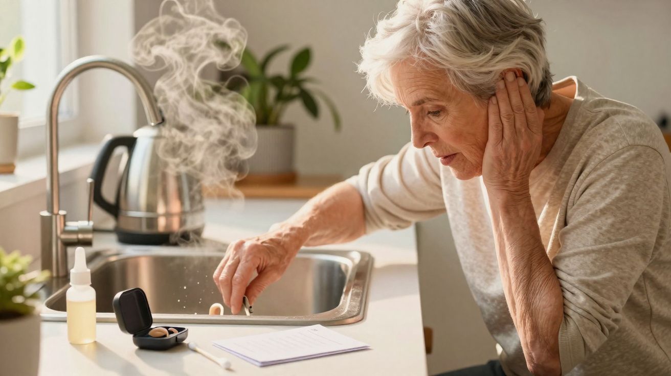 Femme âgée ajustant son appareil auditif dans une cuisine près d'une bouilloire fumante.