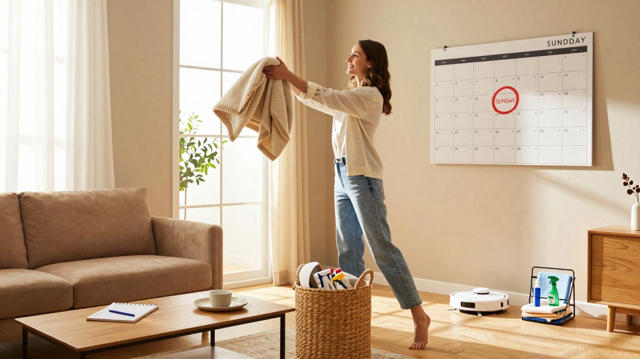 Femme souriante pliant une couverture dans un salon lumineux avec calendrier et robot aspirateur.