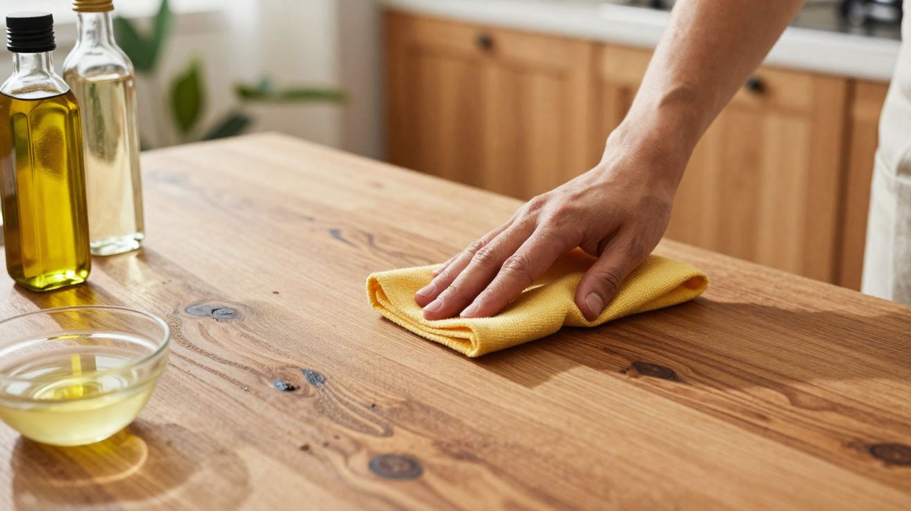 Main nettoyant une table en bois avec un chiffon jaune, bouteilles d'huile et bol visibles en arrière-plan.