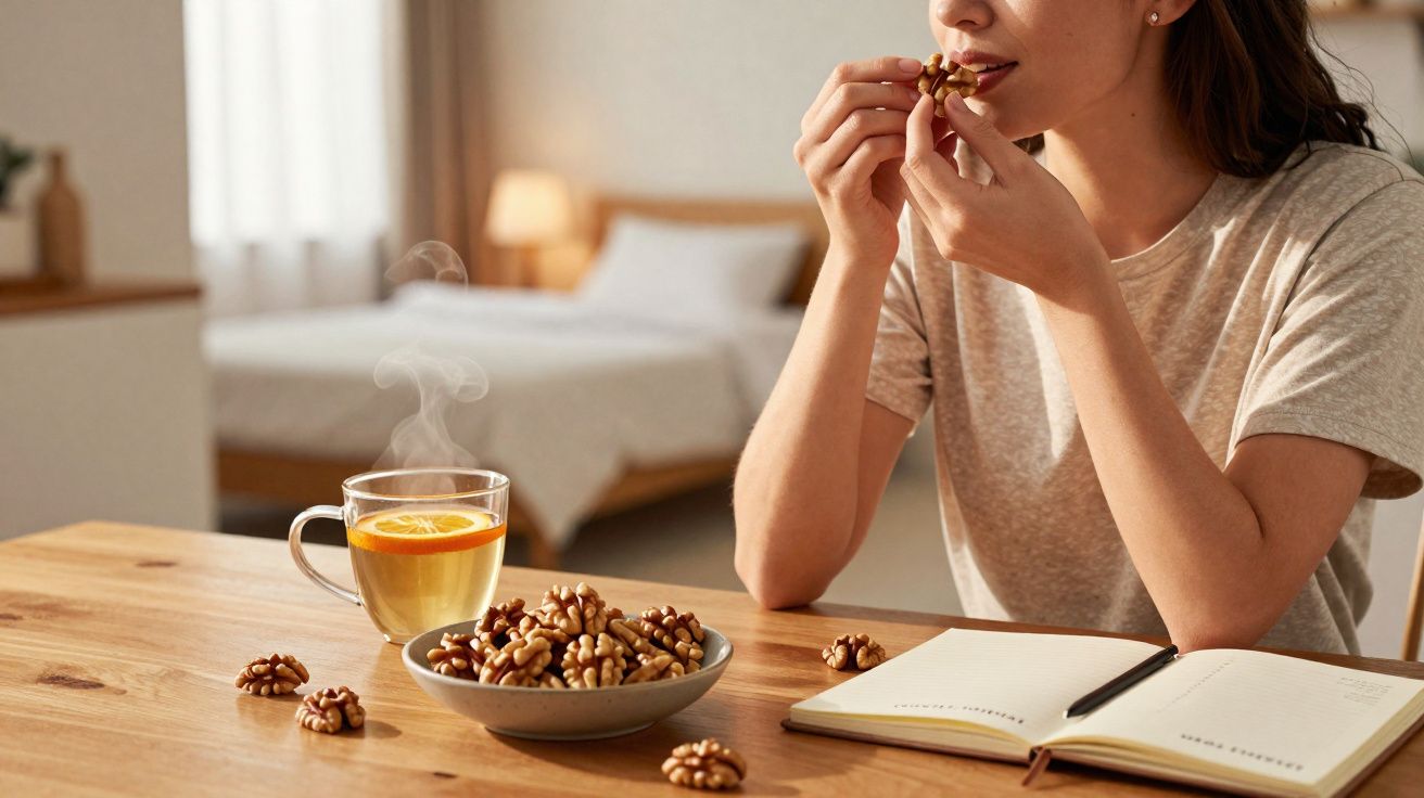 Femme mangeant des noix près d'une tasse de thé au citron sur une table avec un carnet ouvert.