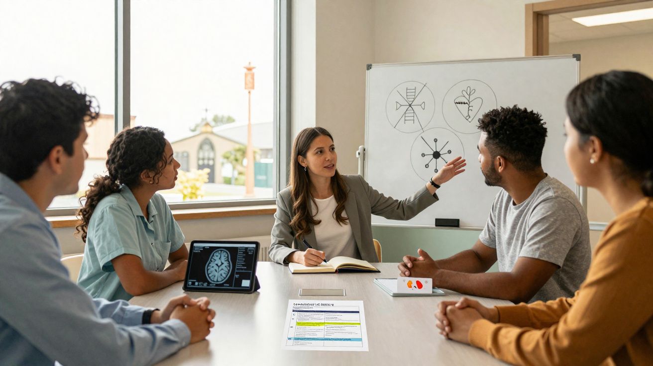 Groupe de cinq personnes en réunion autour d'une table, avec une femme présentant des schémas sur un tableau blanc.
