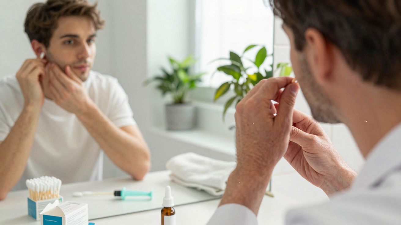 Jeune homme insérant un bouchon d'oreille devant un miroir dans une salle de bain lumineuse.