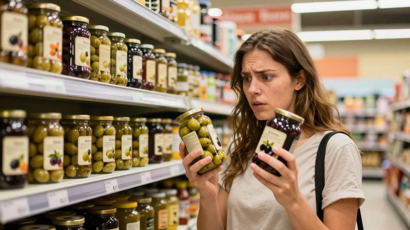 Femme hésitante comparant deux bocaux d'olives en conserve dans une allée de supermarché.