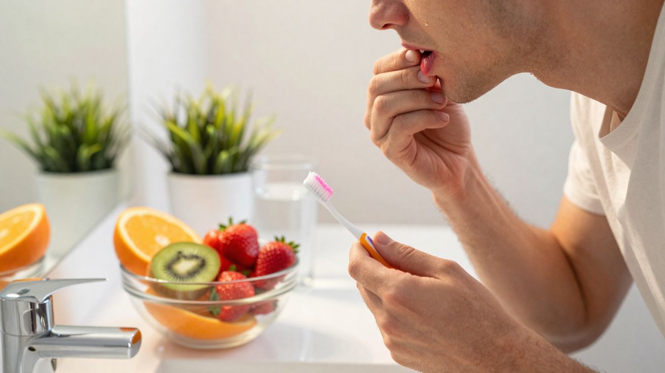 Homme examinant une douleur dentaire en tenant une brosse à dents près d'un bol de fruits sur un lavabo.