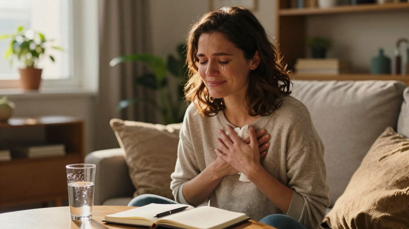 Femme assise sur un canapé, pleurant avec les mains sur la poitrine, un carnet et un verre d'eau devant elle.