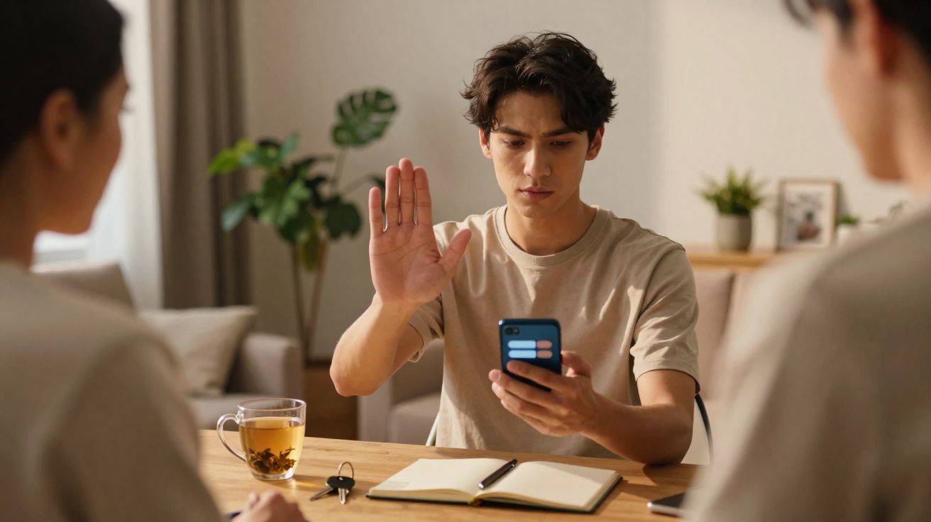 Jeune homme levant la main en signe d'arrêt, tenant un smartphone face à deux autres personnes autour d'une table.