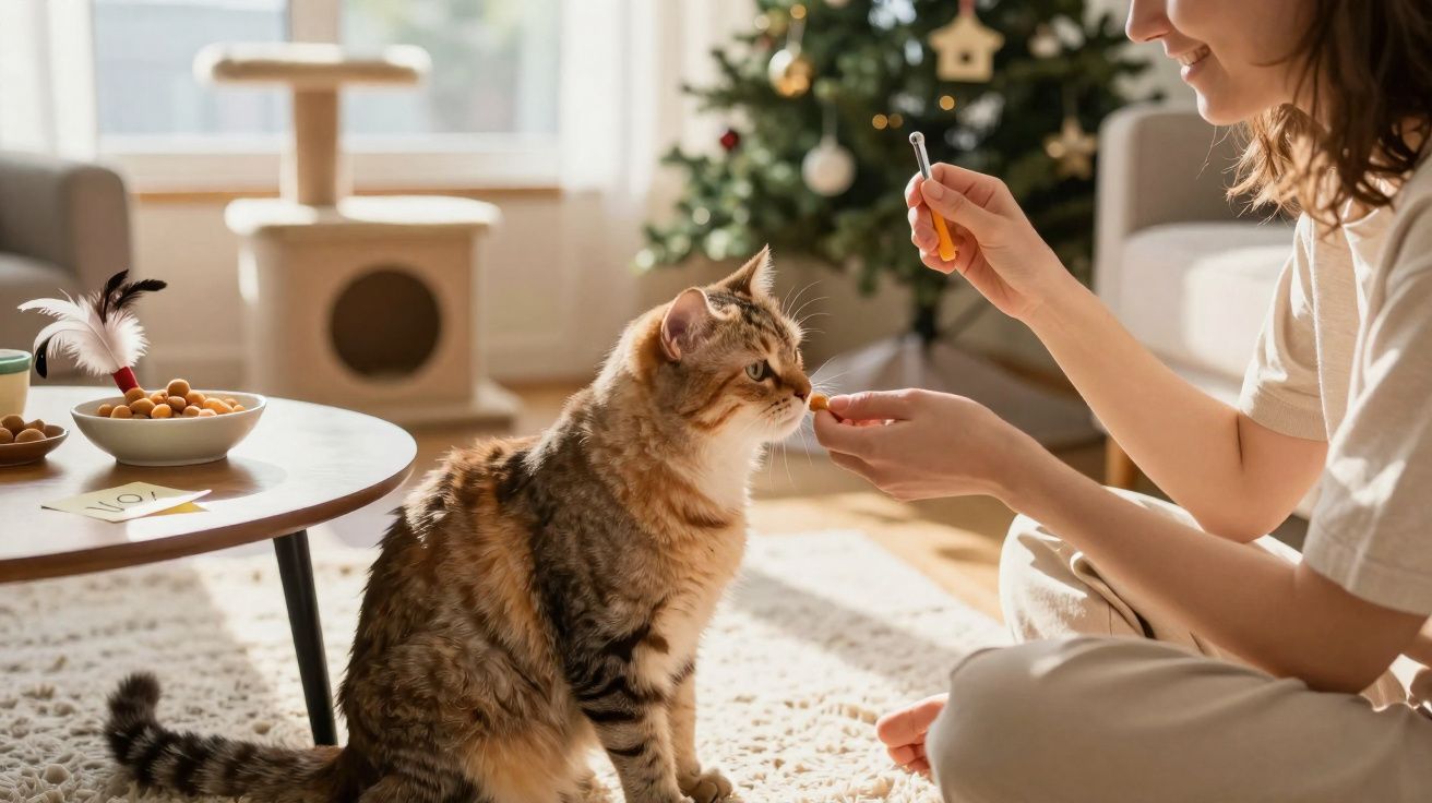 Jeune femme nourrissant un chat tigré assis sur un tapis près d’un arbre de Noël décoré en arrière-plan.