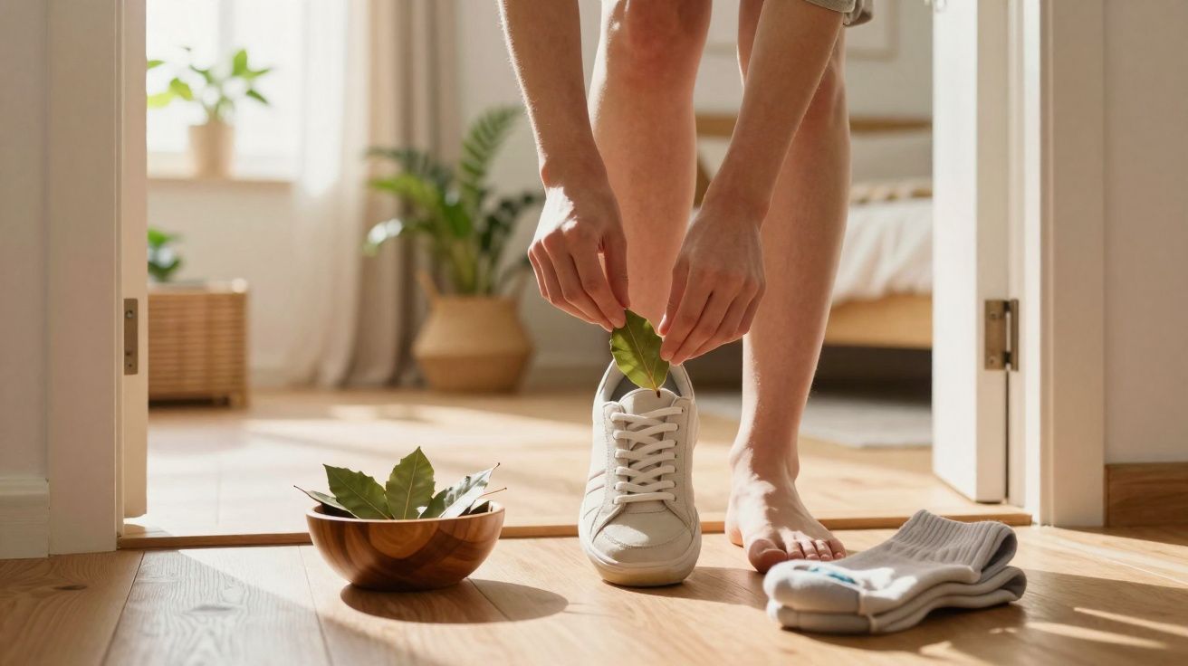 Personne insérant une feuille verte dans une chaussure blanche dans une pièce lumineuse avec un bol et des chaussettes au sol