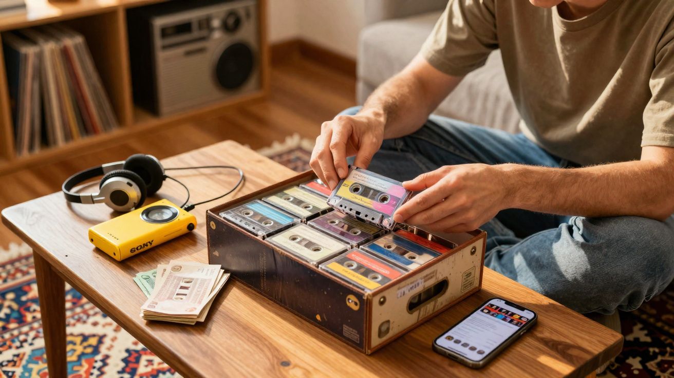 Personne triant des cassettes audio sur une table avec un baladeur, des écouteurs et un smartphone.