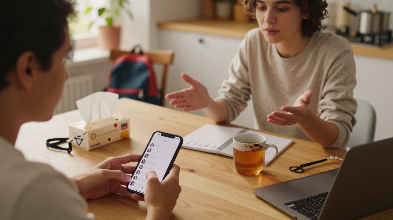 Deux personnes discutent à une table avec un smartphone, un ordinateur portable et une tasse de thé visible.