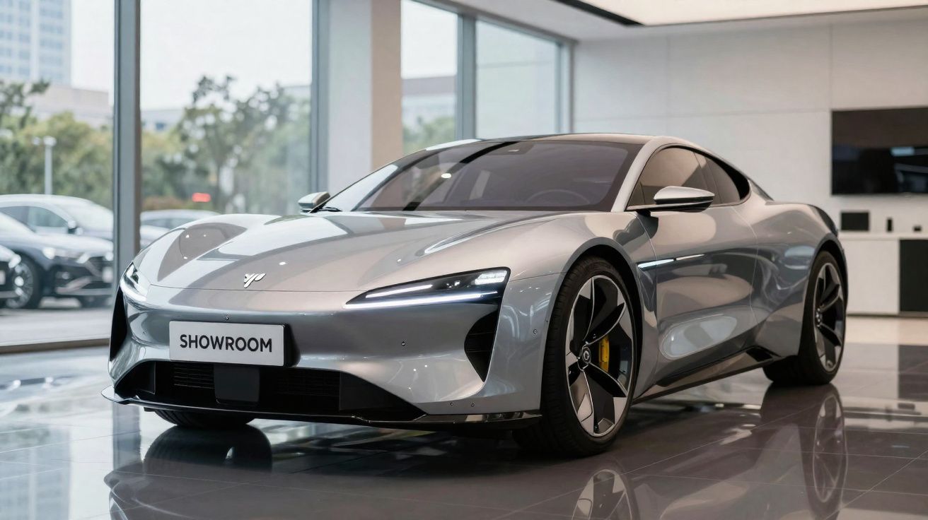 Voiture électrique sport grise exposée dans un showroom moderne avec sol brillant et grandes fenêtres.