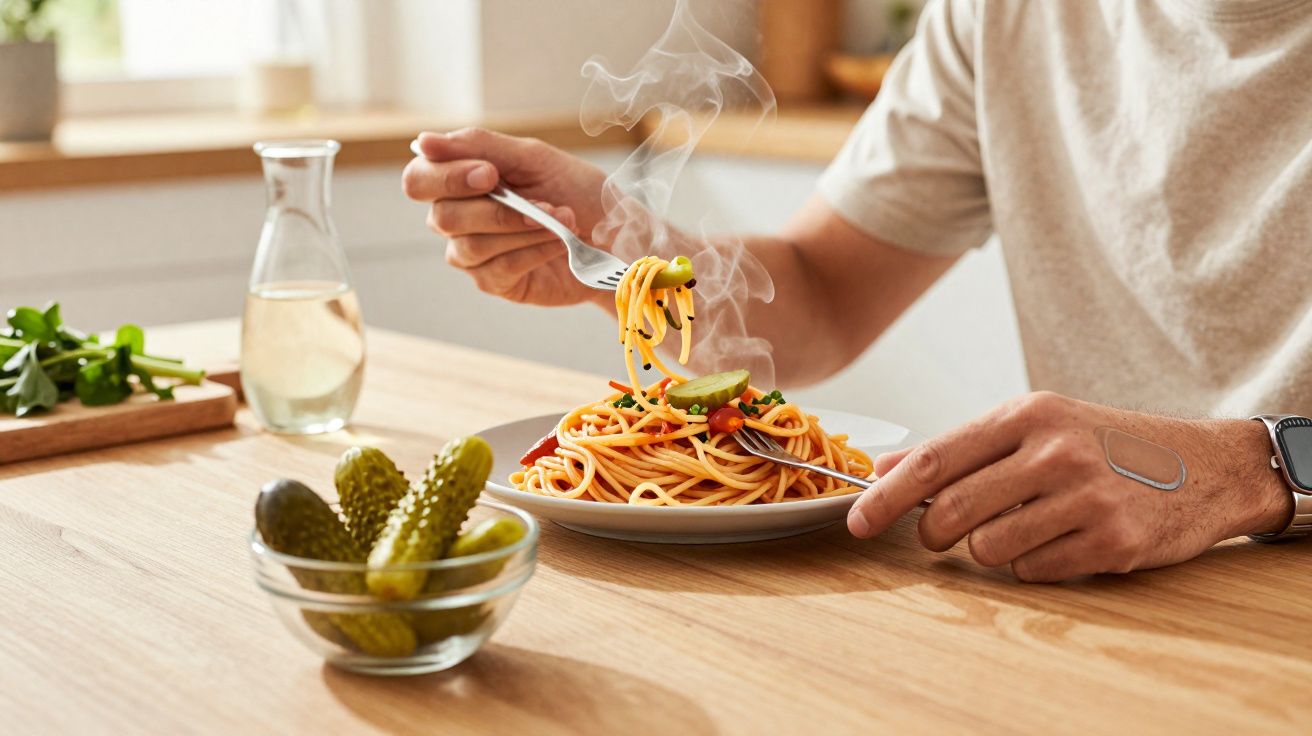 Personne mangeant des spaghettis chauds avec des cornichons et de l'eau sur une table en bois.