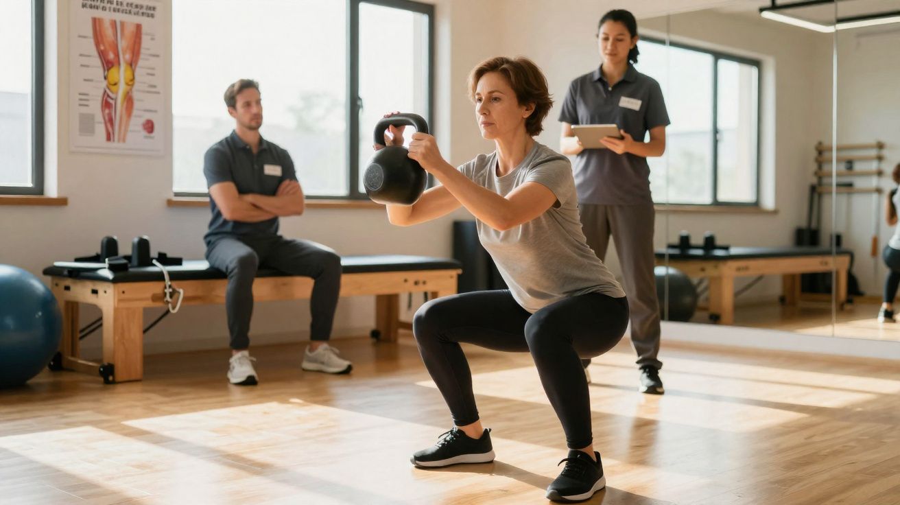 Femme en exercice de squat avec kettlebell, coach debout avec tablette et homme assis en salle de rééducation.