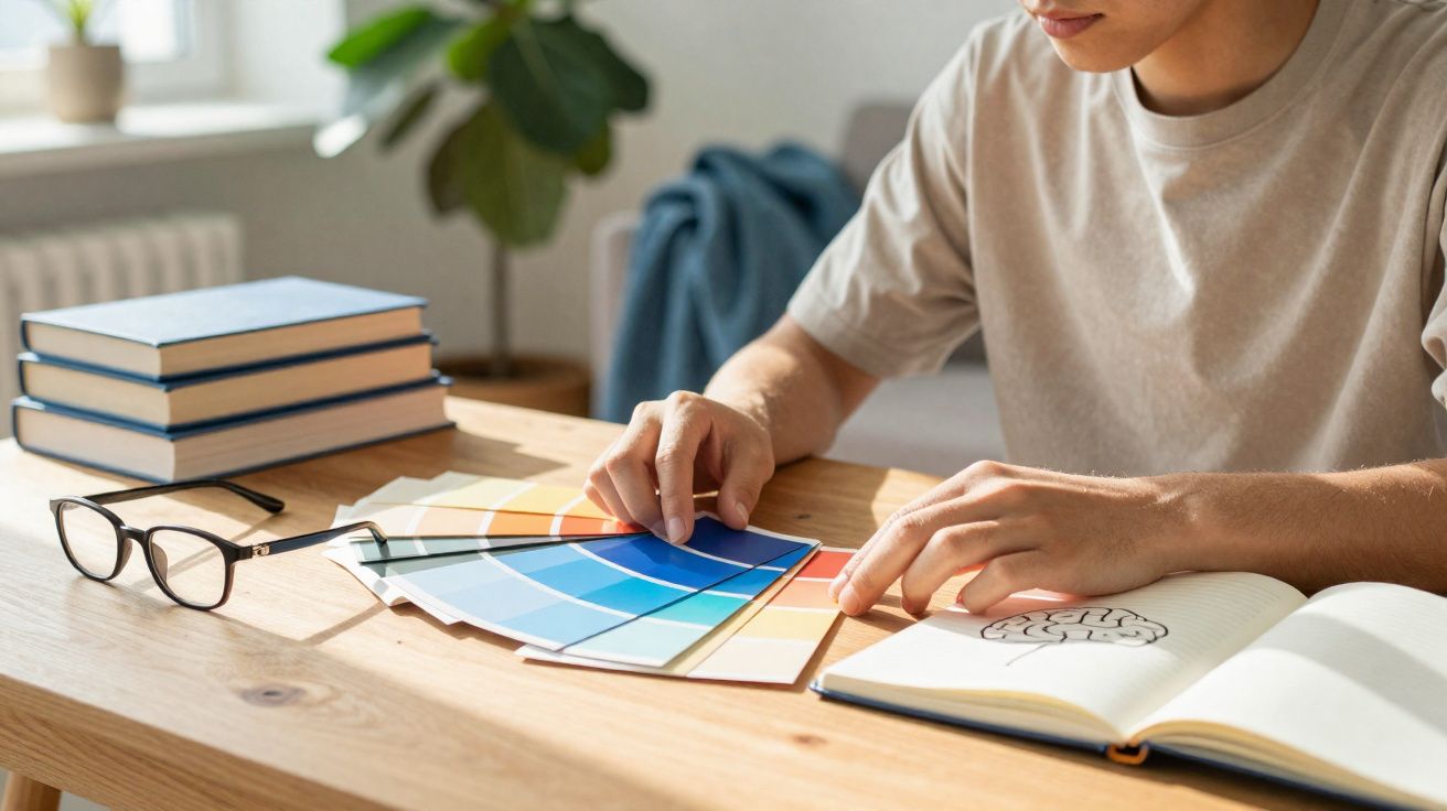 Personne choisissant des nuances de couleurs sur un nuancier à côté d'un carnet avec dessin de cerveau.