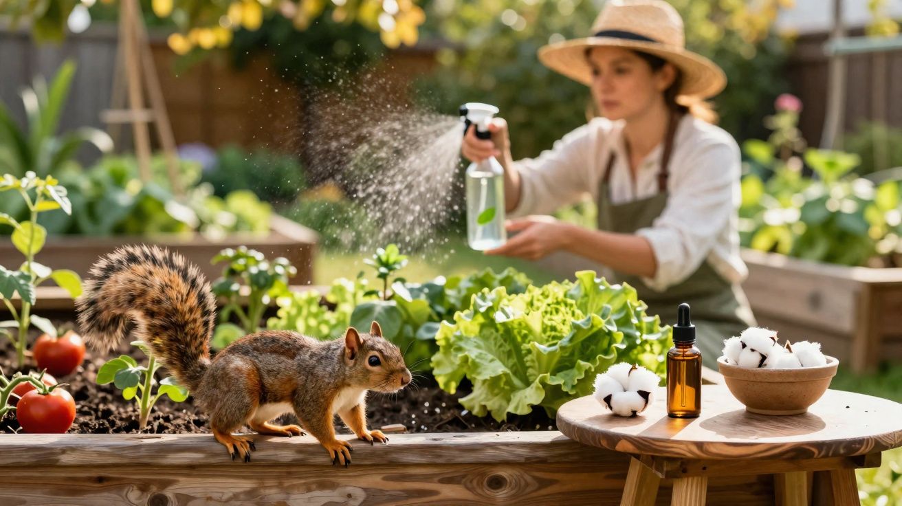 Écureuil sur un potager surélevé, femme en arrière-plan arrosant les plantes avec un pulvérisateur.