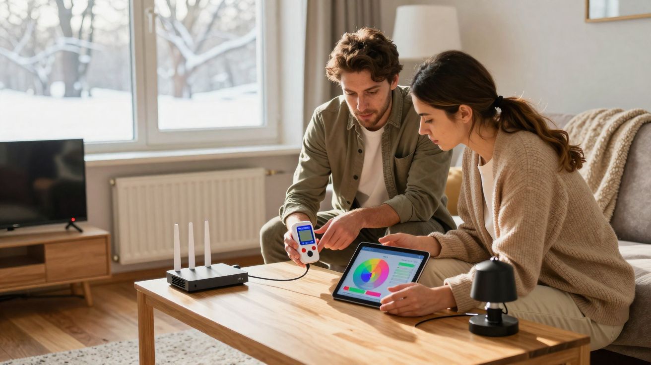 Jeune couple configurant les paramètres d'un appareil connecté sur une tablette dans un salon lumineux.