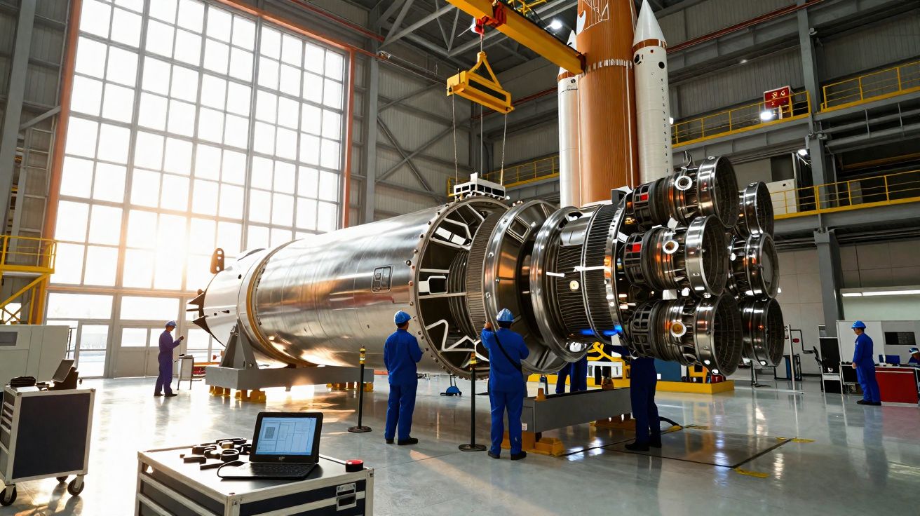 Techniciens en bleu inspectant un moteur de fusée dans un grand atelier industriel lumineux.