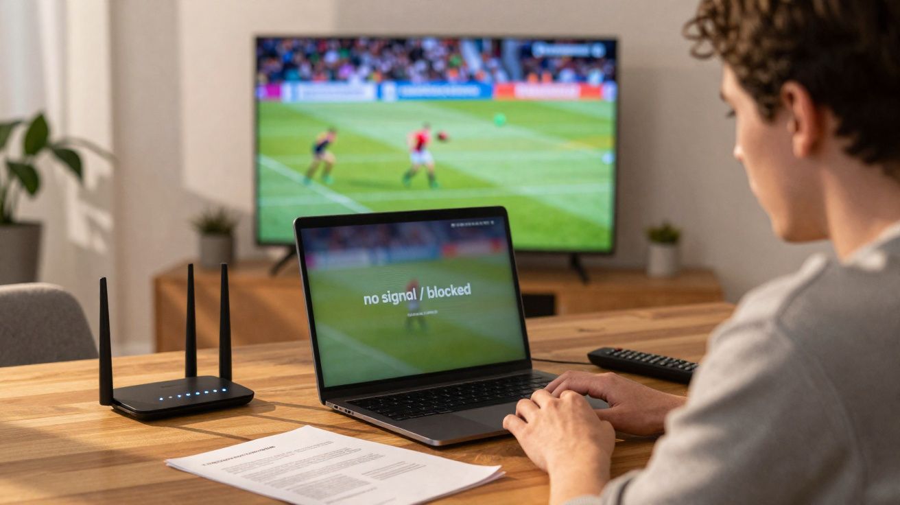 Jeune homme assis à une table avec un ordinateur portable sans signal face à une télévision affichant un match de football.
