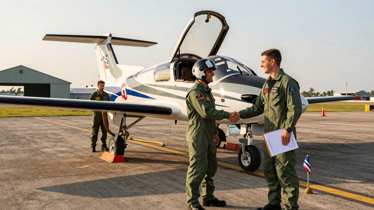 Deux pilotes en combinaison se serrent la main près d’un avion d’entraînement sur une piste d’aéroport au coucher du soleil.