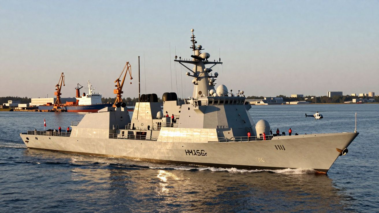 Navire militaire gris HMAS Hunter naviguant sur une mer calme avec des grues portuaires en arrière-plan.