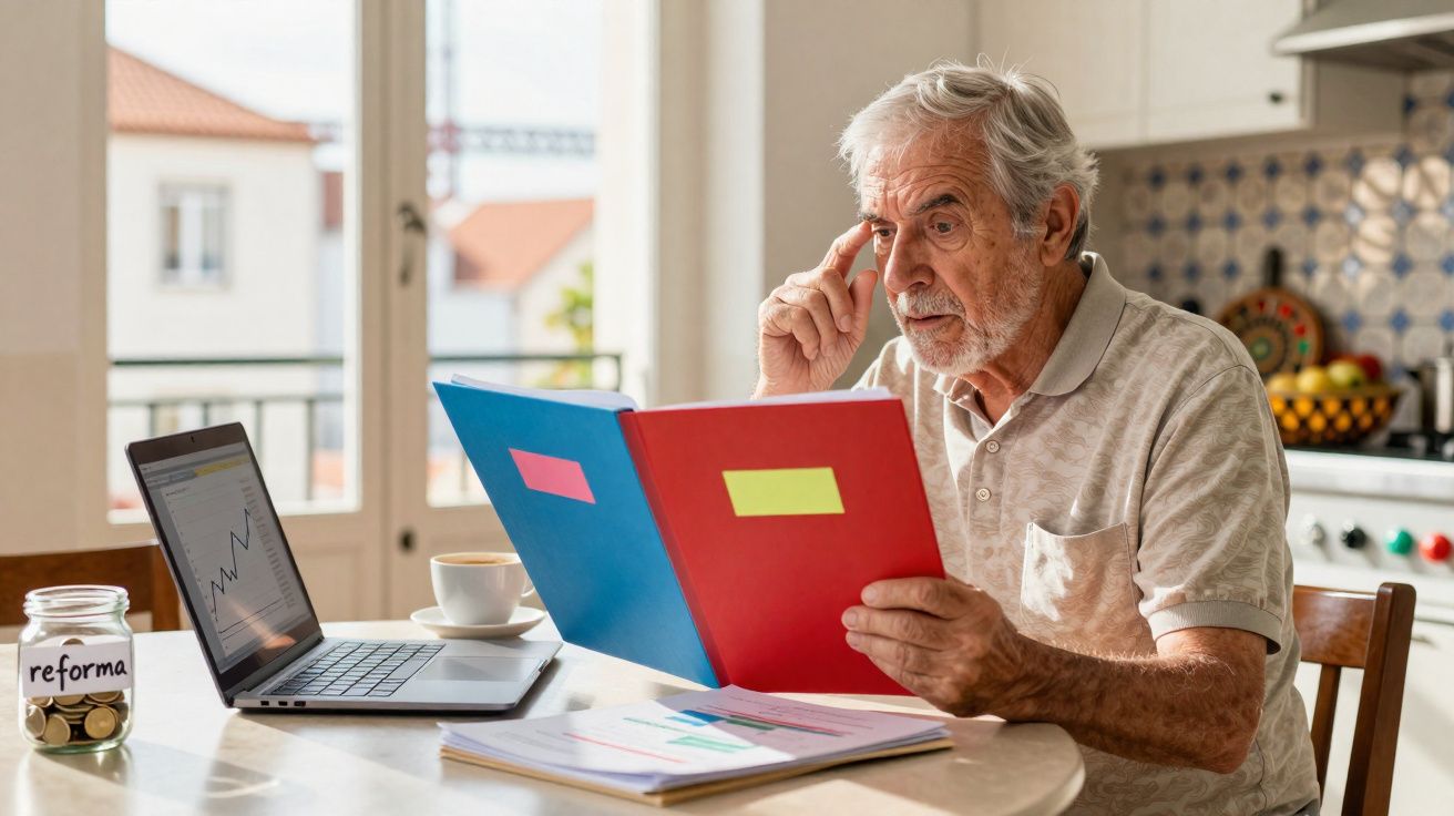 Homme âgé songeur consulte documents financiers à table avec ordinateur portable et tirelire "reforma" à côté.