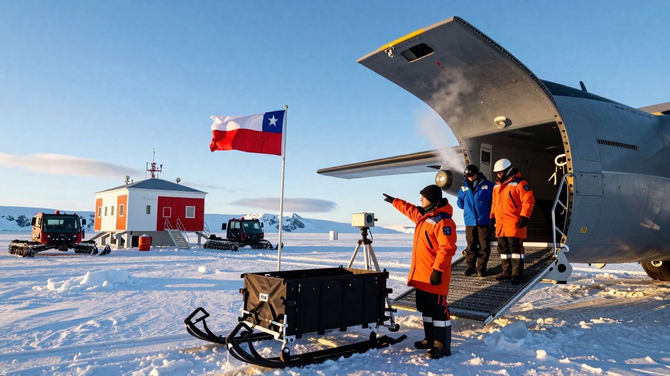 Personnel en combinaison d'expédition déchargeant un avion sur une base scientifique enneigée avec drapeau chilien.