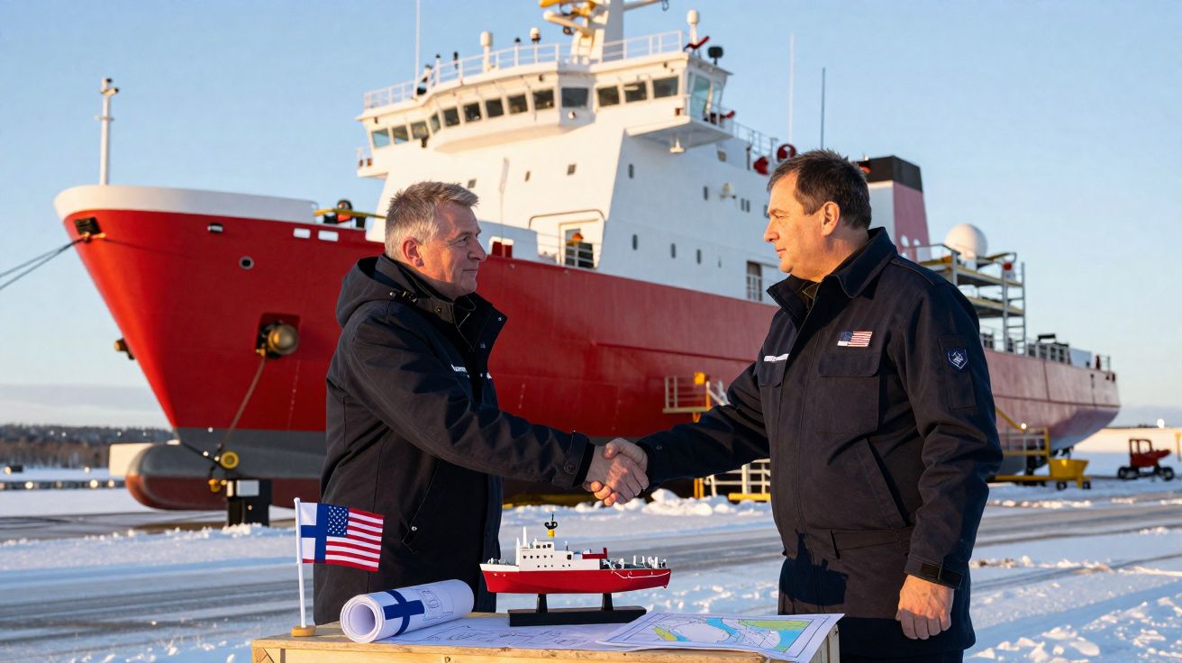 Deux hommes se serrant la main devant un grand brise-glace rouge posé sur la glace en hiver.