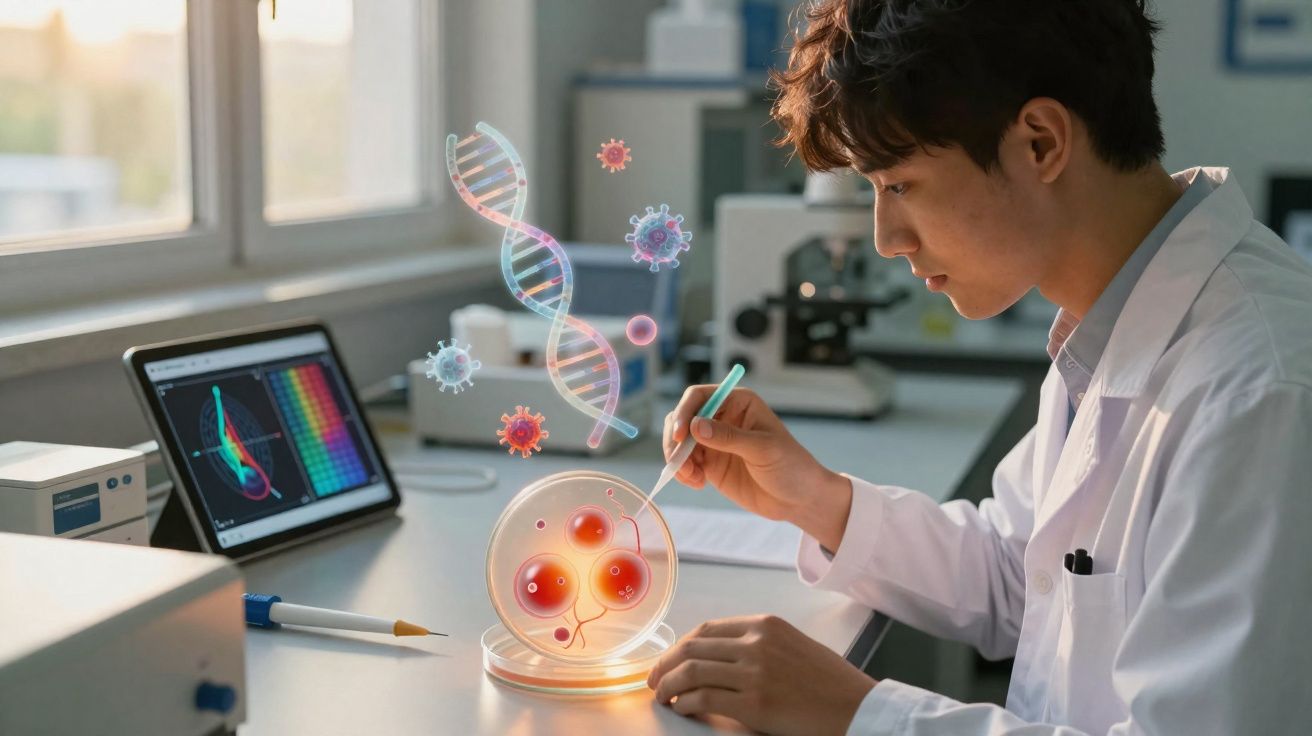 Chercheur en blouse blanche étudiant une culture cellulaire avec représentations holographiques d'ADN et virus en laboratoire