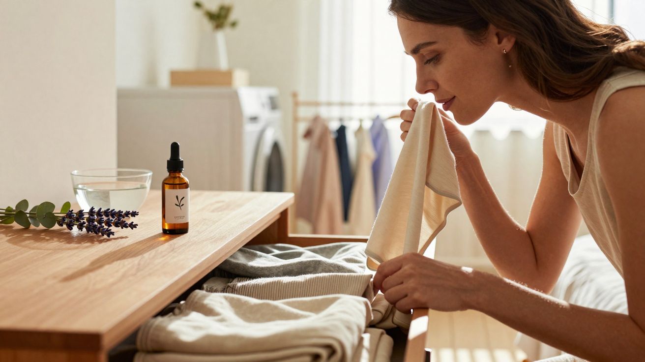 Femme sentant un vêtement dans un tiroir en bois avec huile essentielle et fleur de lavande posées dessus.