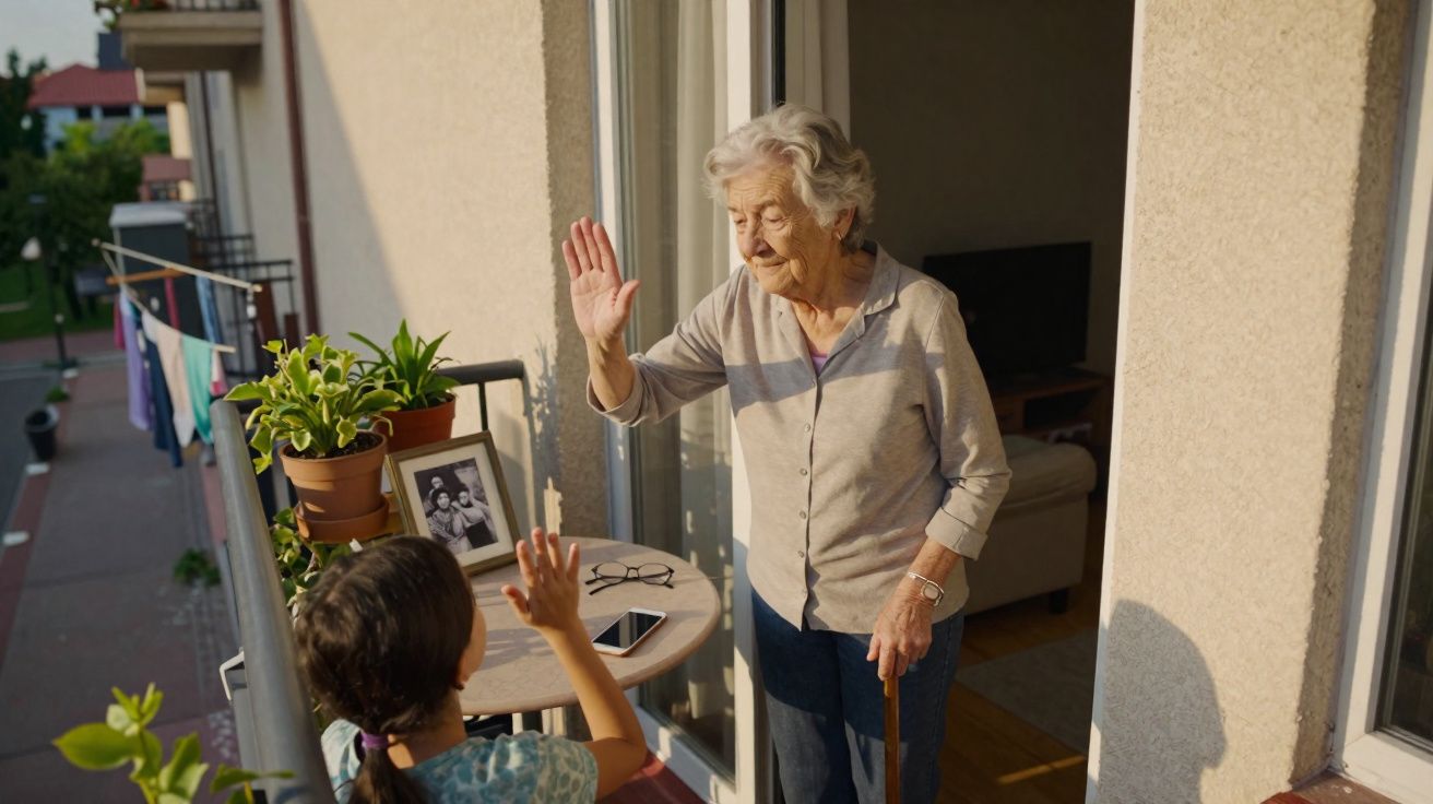 Femme âgée fait un high-five à une enfant sur un balcon, au soleil, entourés de plantes et objets personnels.
