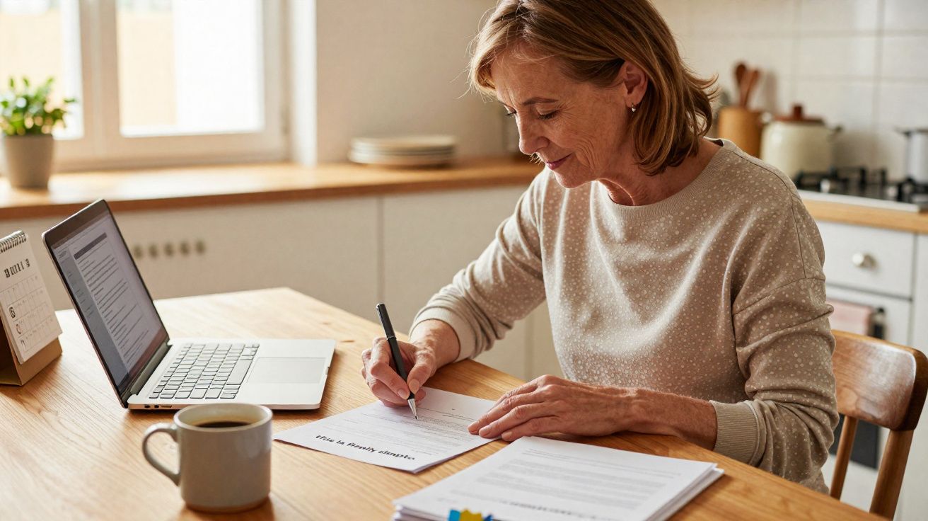 Femme souriante écrivant sur un papier à table avec un ordinateur portable à côté dans une cuisine lumineuse.