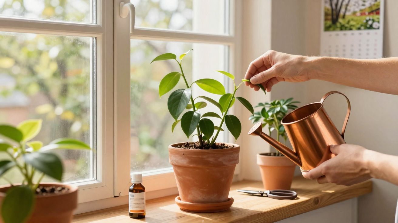 Une personne arrose une plante verte en pot sur un rebord de fenêtre lumineux avec un arrosoir en cuivre.