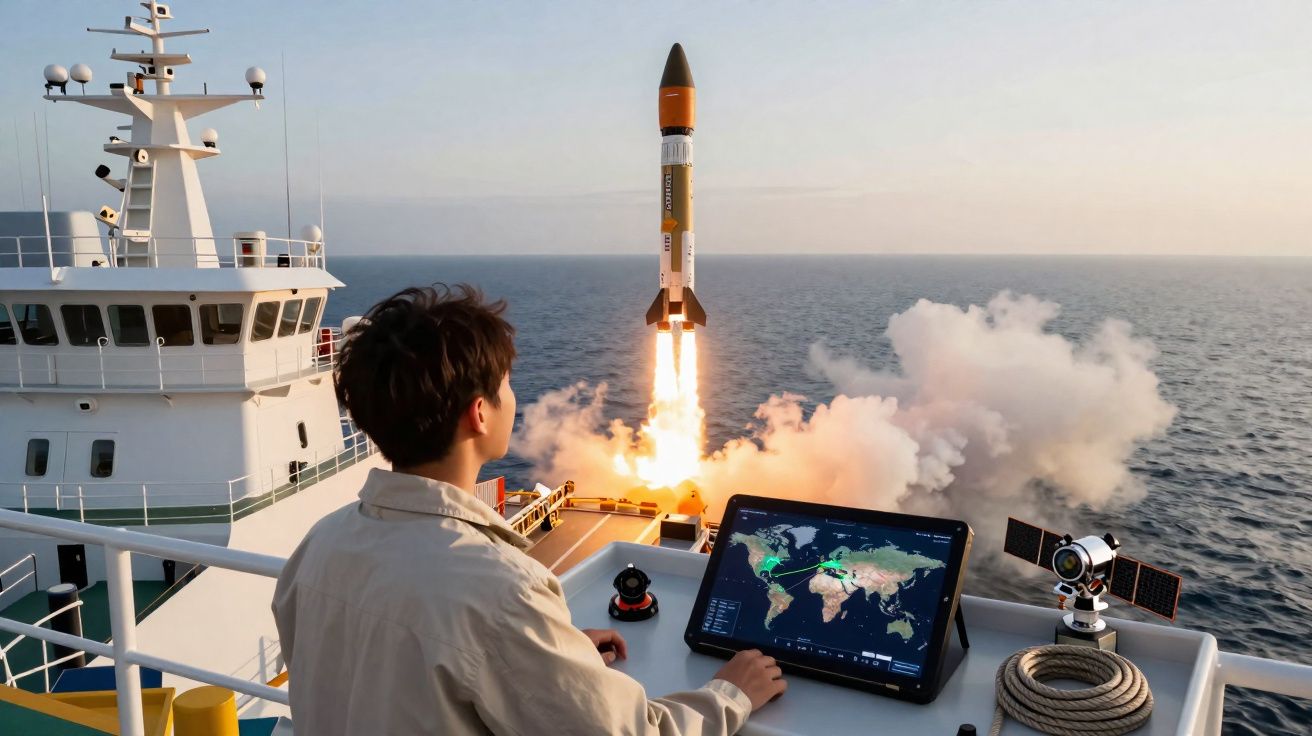 Un homme contrôle le lancement d'une fusée à partir d'un bateau en mer avec un écran de commande numérique.