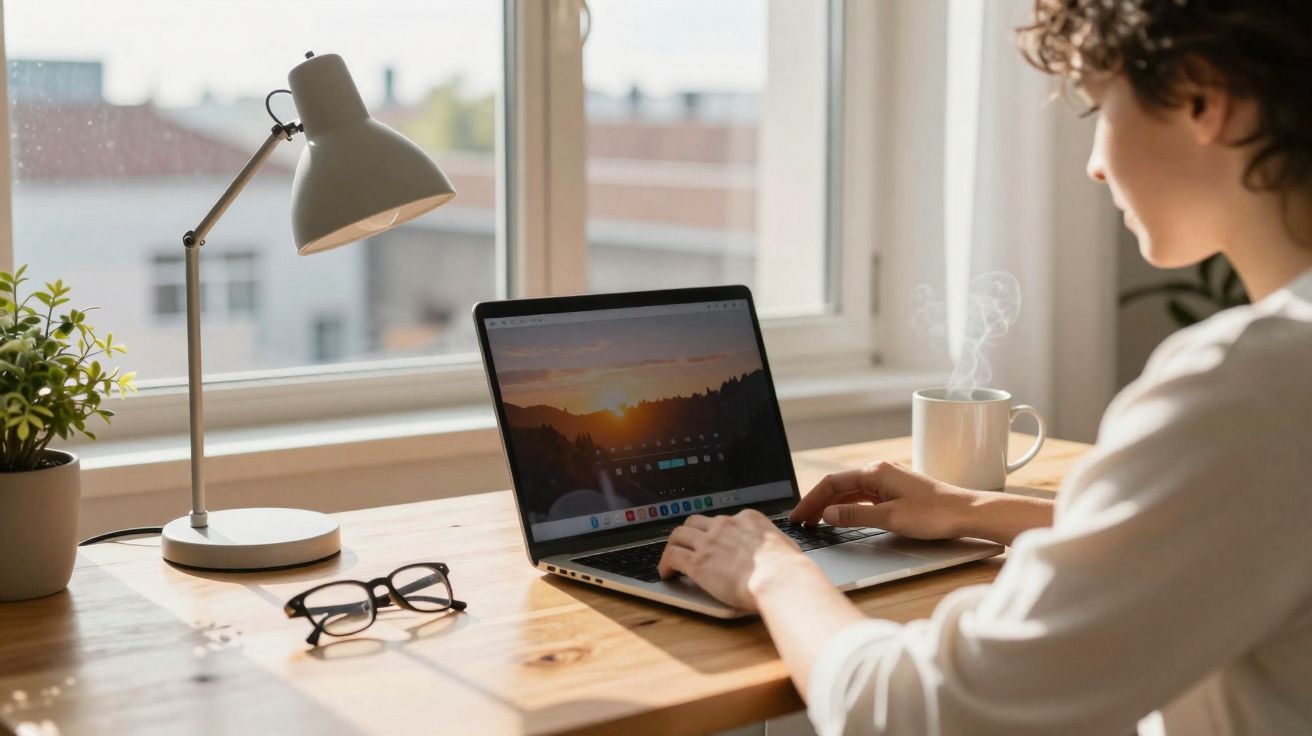 Personne travaillant sur un ordinateur portable près d'une fenêtre, avec une tasse fumante et une lampe de bureau.