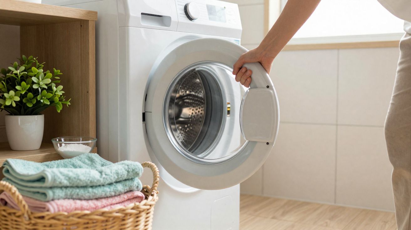 Personne ouvrant la porte d'un lave-linge blanc dans une buanderie avec panier de linge plié.