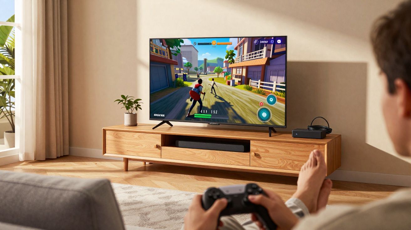 Personne jouant à un jeu vidéo d’action sur grand écran dans un salon lumineux et moderne.