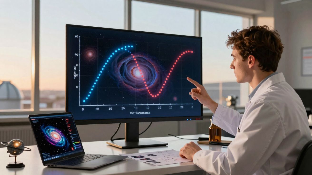 Jeune scientifique analysant des graphiques et des images de galaxies sur deux écrans dans un bureau lumineux.