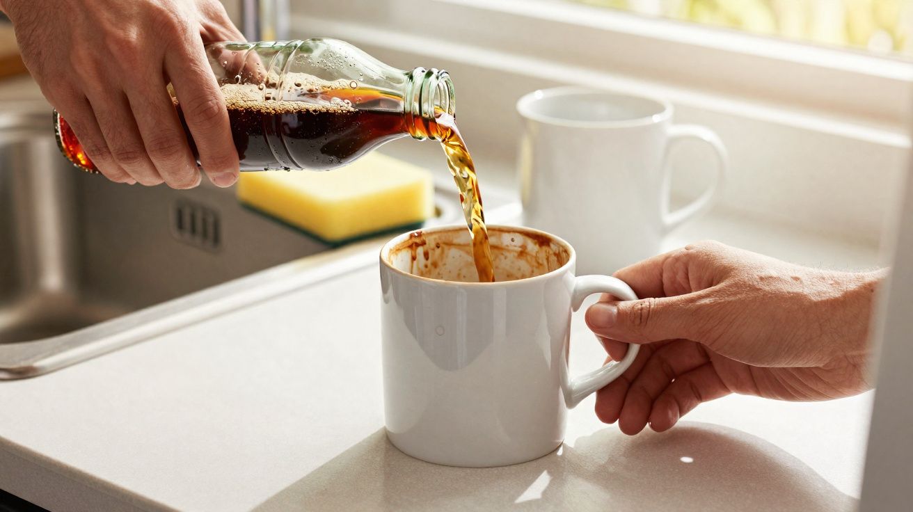 Une main verse un soda dans une tasse blanche tenue par une autre main près d'un évier.