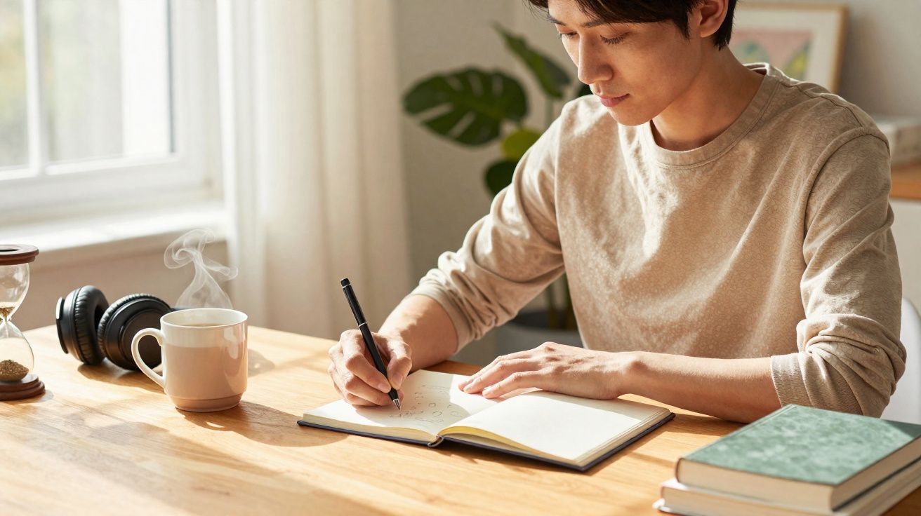 Jeune homme prenant des notes dans un carnet à une table en bois avec une tasse fumante et un sablier.