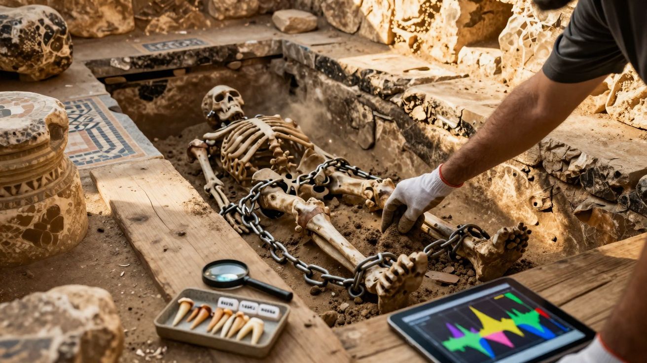 Squelette humain enchaîné dans une tombe antique, archéologue examinant avec tablette et dents fossiles.