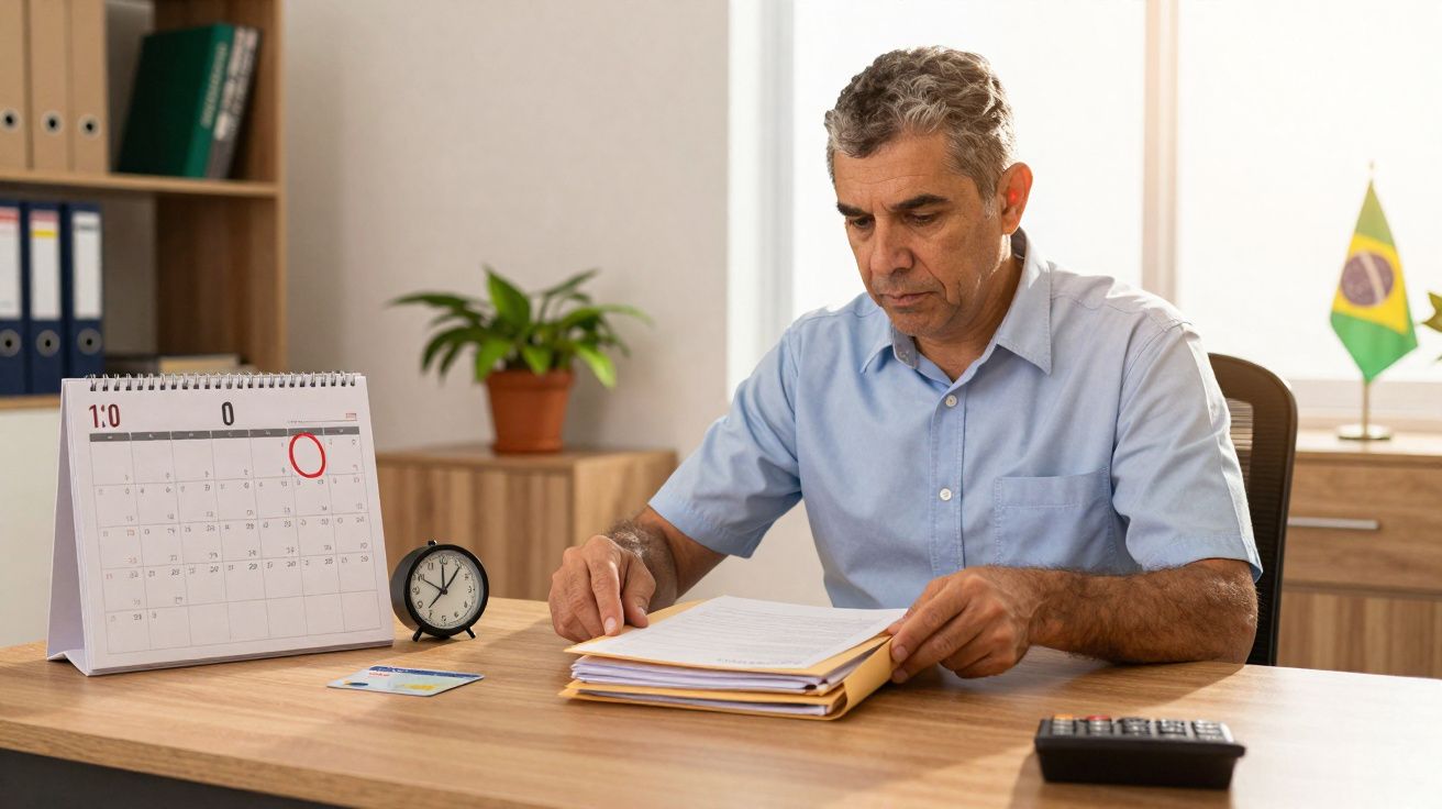 Homme mûr travaillant avec des dossiers au bureau, calendrier et drapeau du Brésil en arrière-plan.
