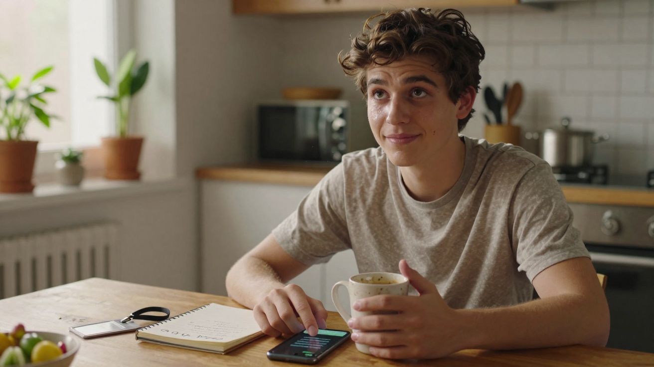 Jeune homme souriant assis à une table avec un smartphone et une tasse dans une cuisine lumineuse.