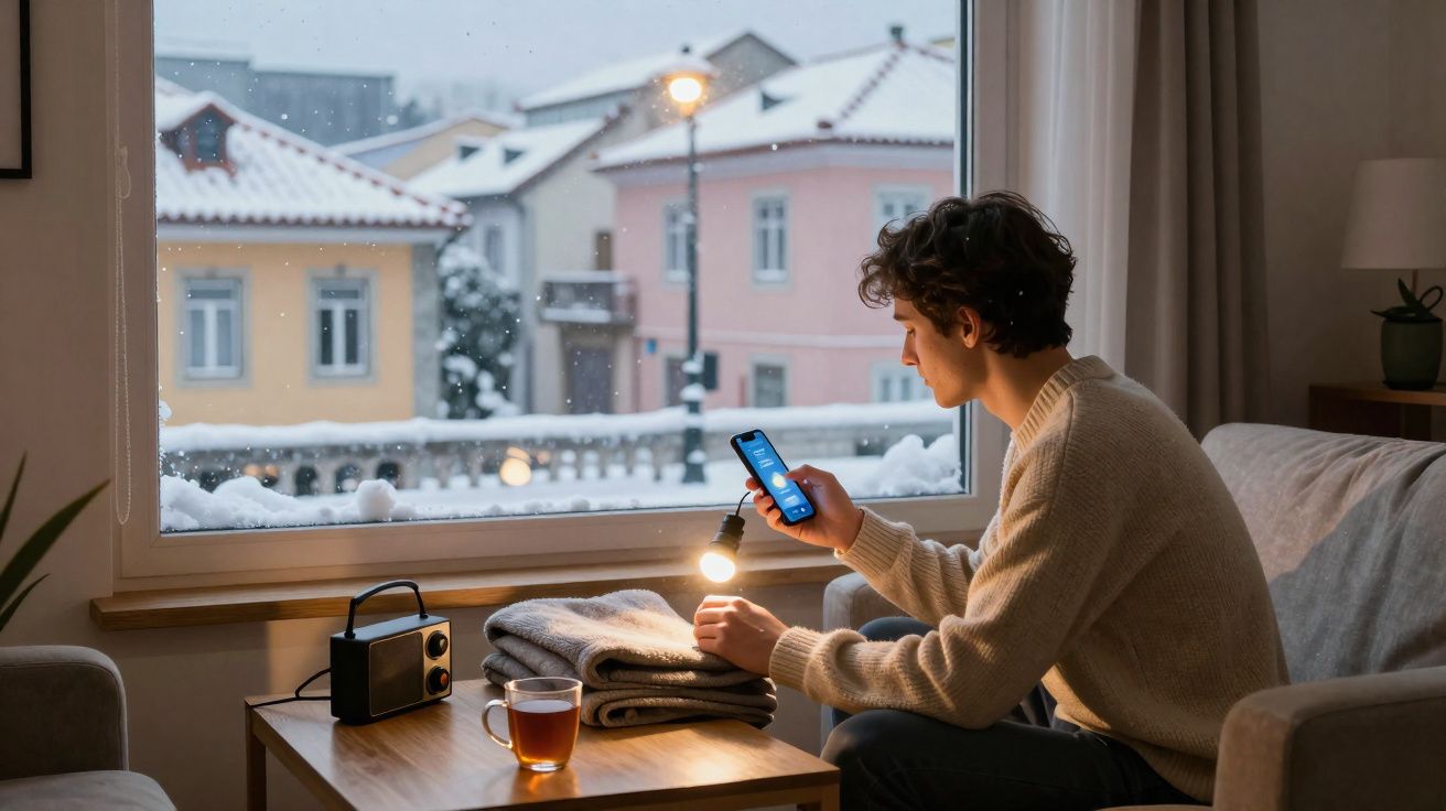Jeune homme assis près d'une fenêtre neigeuse, tenant une ampoule allumée et un smartphone dans un salon cosy.