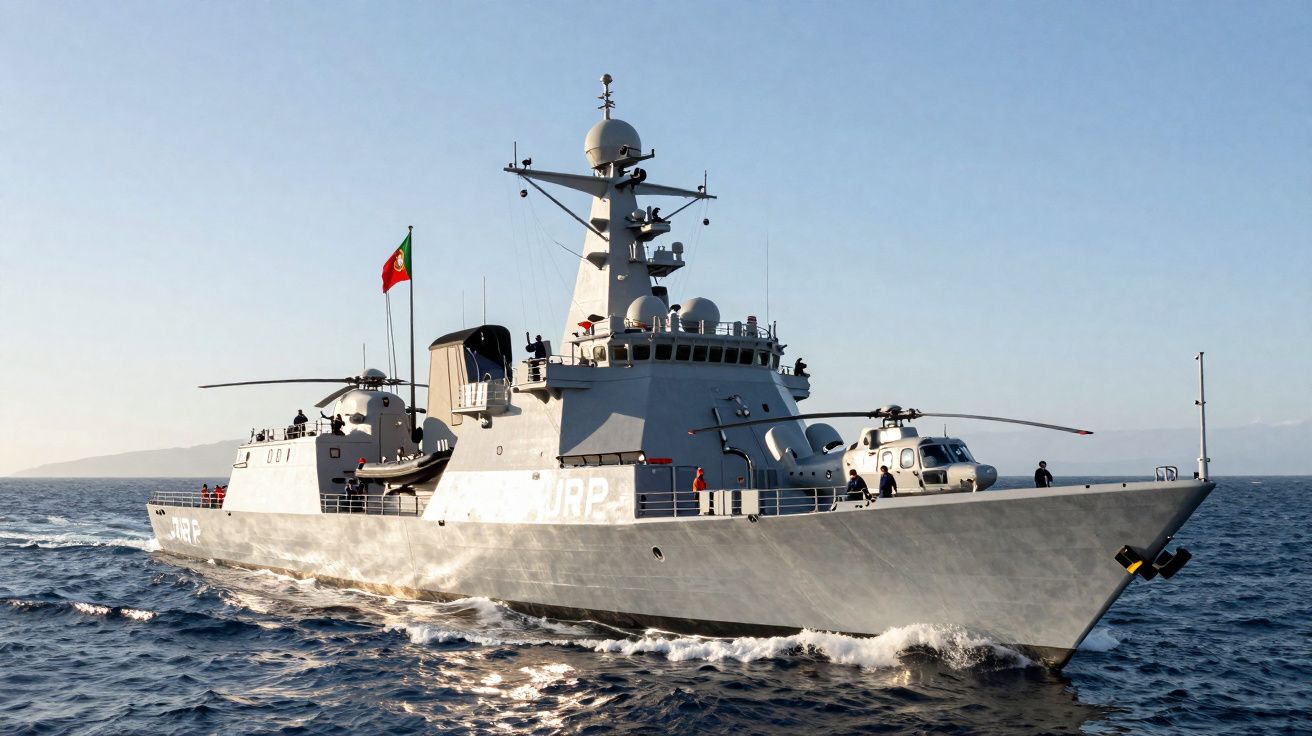 Patrouilleur militaire portugais naviguant en mer avec un hélicoptère à bord et un drapeau national visible.