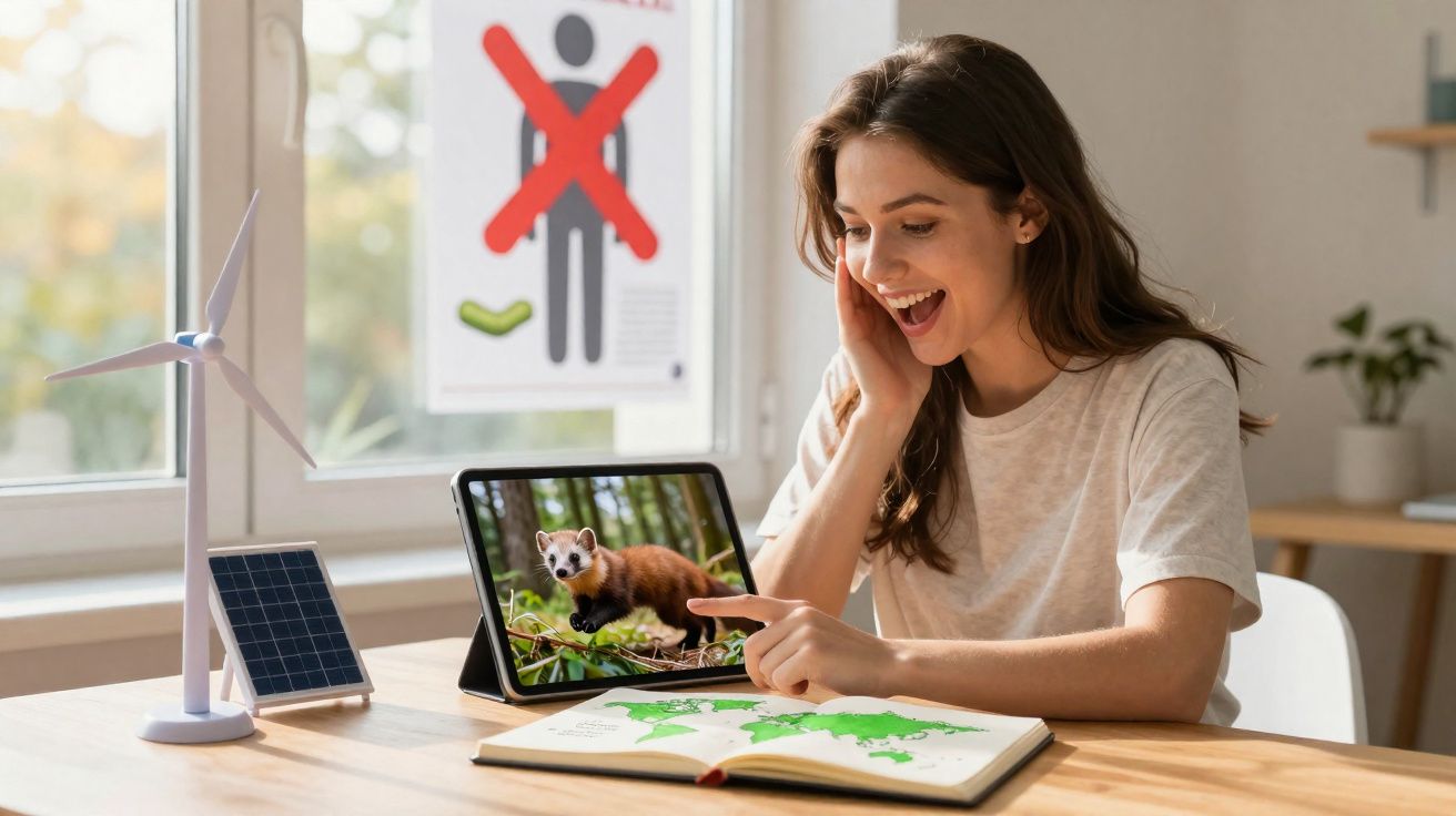 Femme souriante montrant un furet sur une tablette, avec un livre ouvert et un modèle d'éolienne solaire.