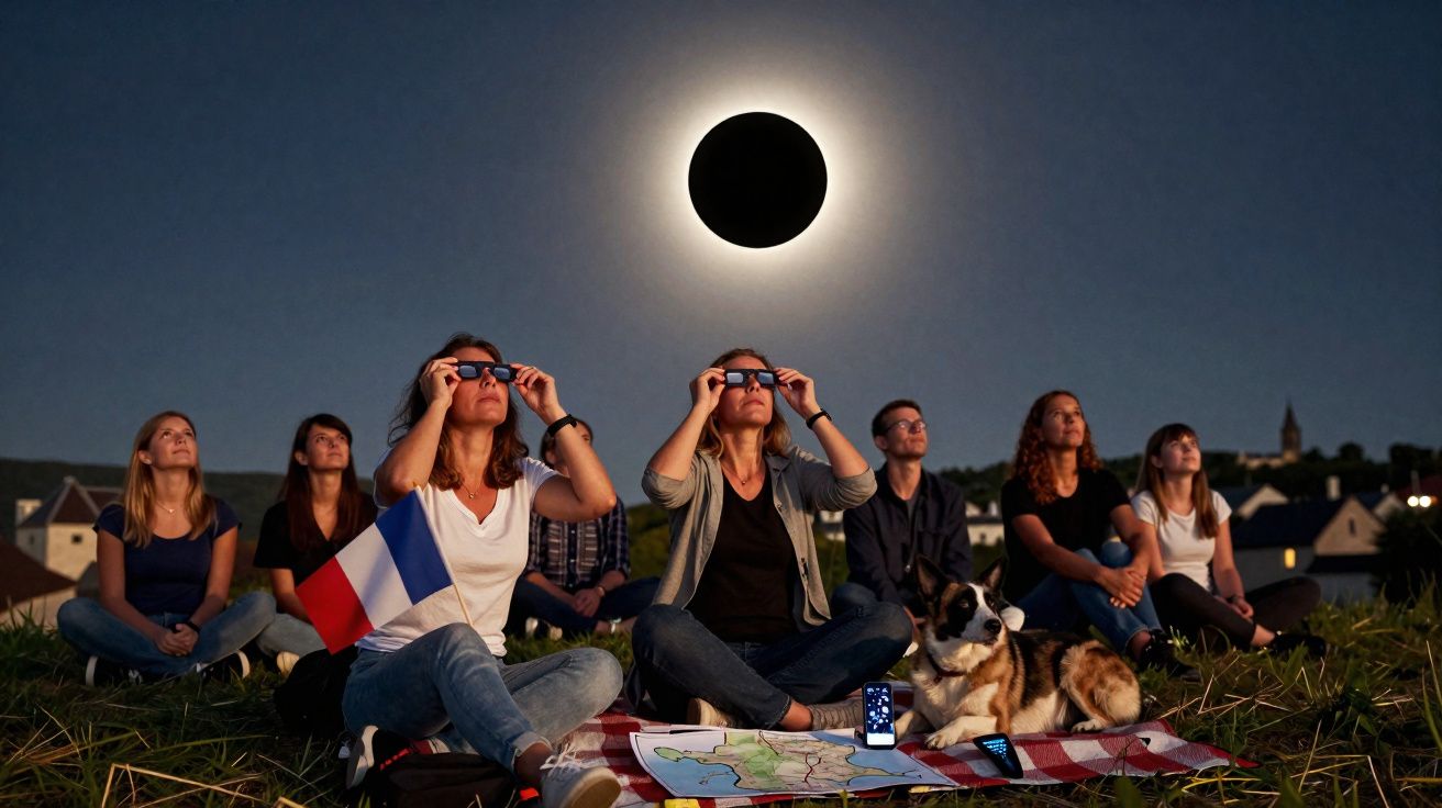 Groupe de personnes avec lunettes spéciales observant une éclipse solaire totale en plein air, drapeau français visible.
