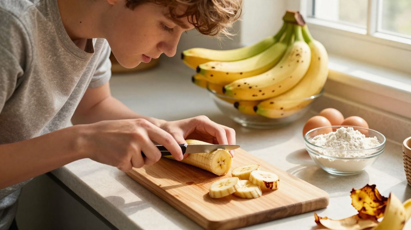Jeune garçon coupant une banane en tranches sur une planche à découper dans une cuisine lumineuse.
