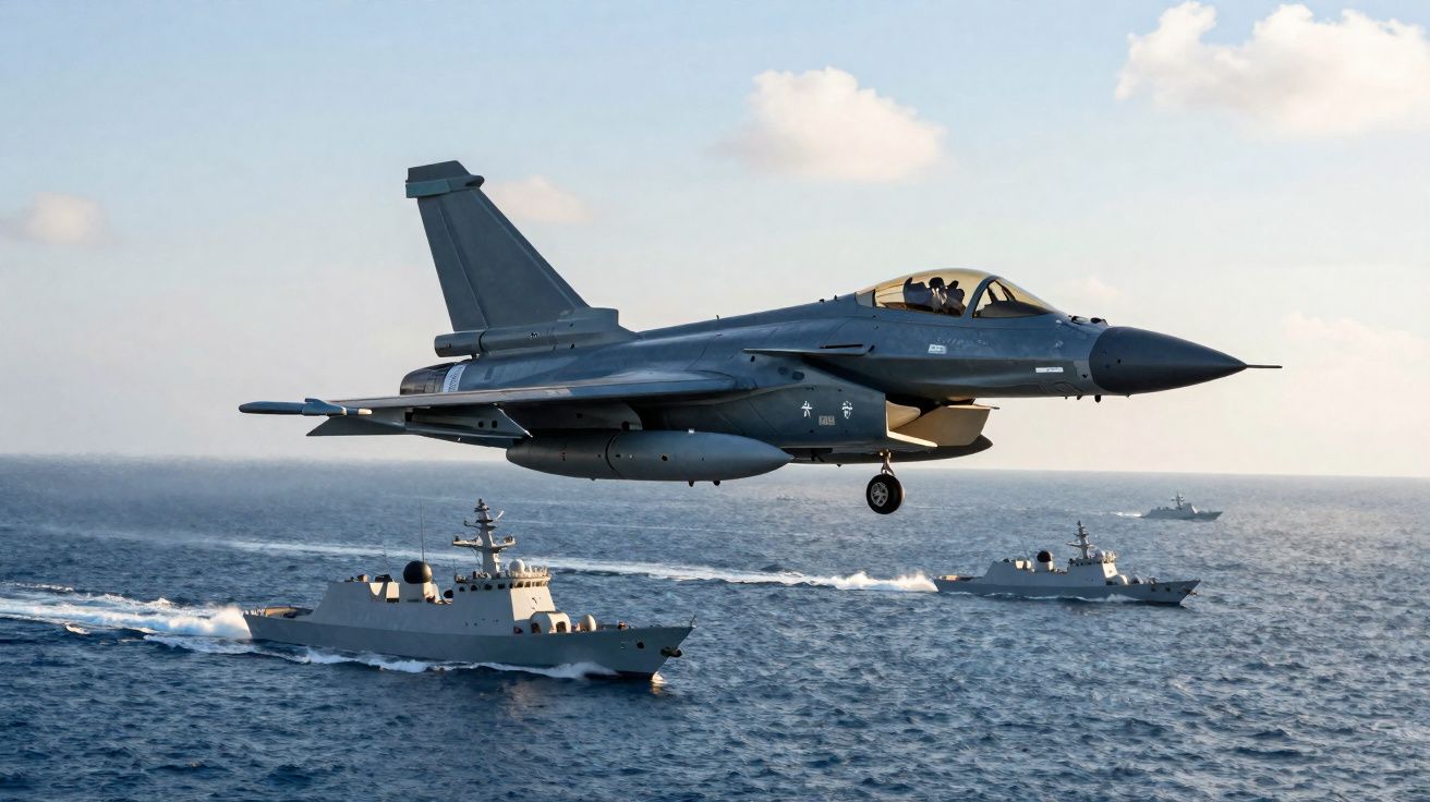 Avion de chasse volant au-dessus de trois bâtiments militaires naviguant en mer sous un ciel partiellement nuageux.